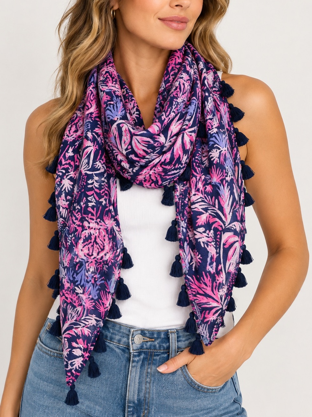 Tropical Botanical Tassel Scarf Navy Pink Lilly Pulitzer Resort Coastal Preppy